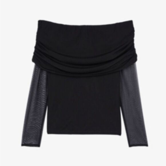 NWT The kooples off shoulders black top with mesh long sleeves Size French 0 (US - Picture 11 of 12